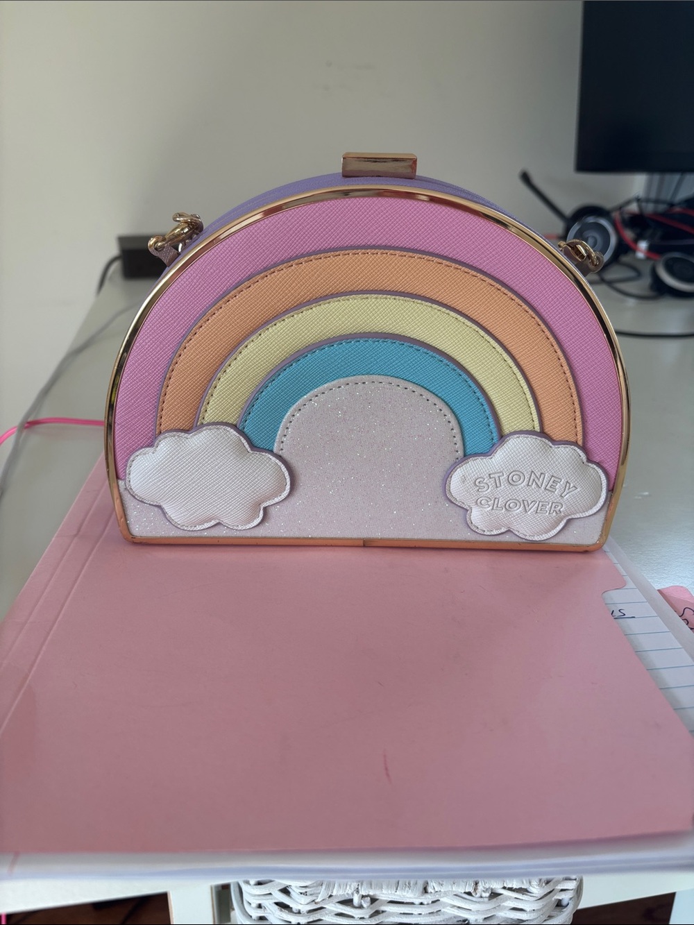 Stoney Clover Lane Rainbow Crossbody Bag in Pink, Peach, Yellow, Blue, White